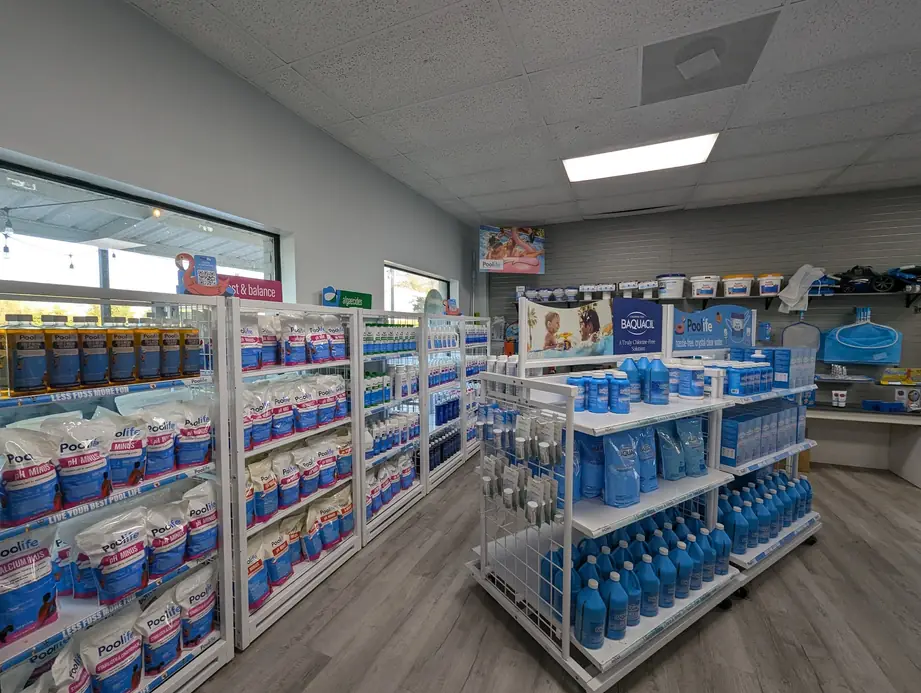 The water care aisle inside the Brazos Valley Pools & Spas showroom